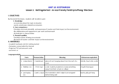 Giáo án Tiếng Anh Lớp 10 (Global review) - Unit 10 Ecotourism - Năm học 2022-2023